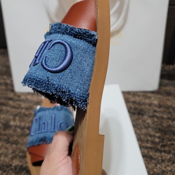 Chloé Woody Denim and Leather Slides - Picture 2 of 6